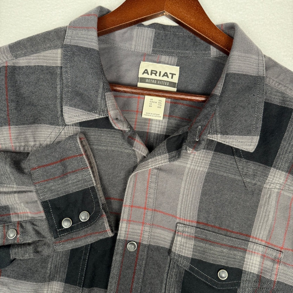 Ariat Hernandez Retro Snap LS Shirt Grey Black Plaid Western Flannel Mens XXL